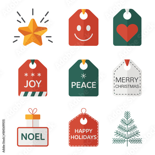 Christmas gift tag icon set with joy peace noel smile heart star labels festive holiday flat vector illustration