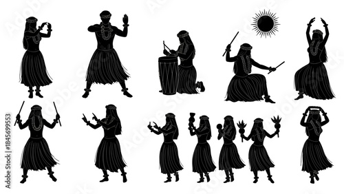 Tribal or ethnic female dancers silhouettes performing with drums and sticks