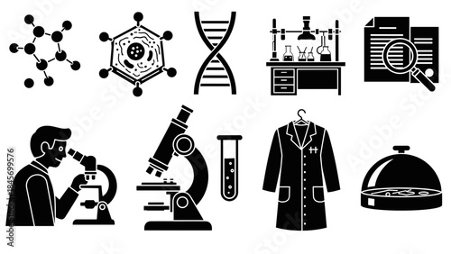 Set of science and laboratory icons dna, microscope, molecules, lab equipment, scientist, and documents
