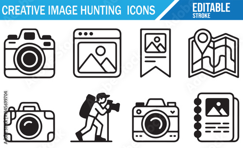 Camera, map, and landscape outline icons for travel photography.