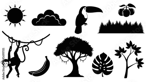 Collection of tropical jungle and rainforest elements silhouettes toucan, monkey, tree, sun, clouds, banana, and foliage
