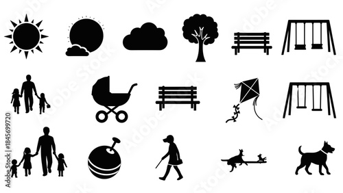 Collection of black silhouette icons for park and outdoor recreation activities