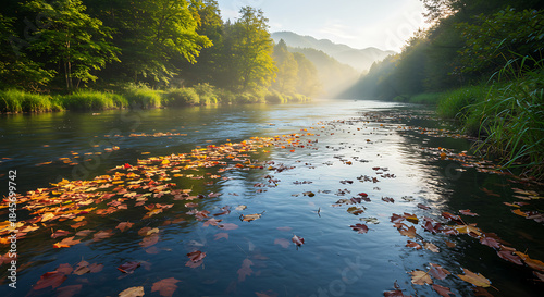 Autumn Leaves Floating in a River at Sunrise