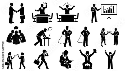 Assortment of business and office activity icons featuring silhouettes of people in meetings and presentations