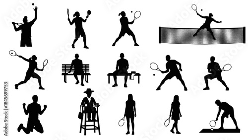 Tennis players silhouettes set serving, hitting, waiting, and umpire figures in various poses