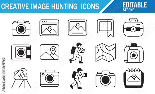 Editable stroke vector icons related to taking pictures on a trip.