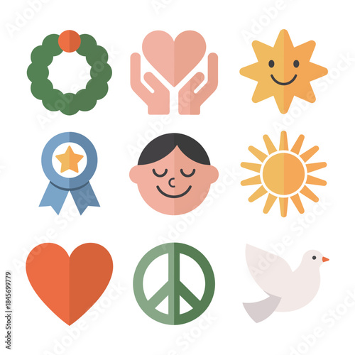 Peace love and hope symbol illustration collection with wreath heart hands sun dove ribbon badge smiley flat vector design