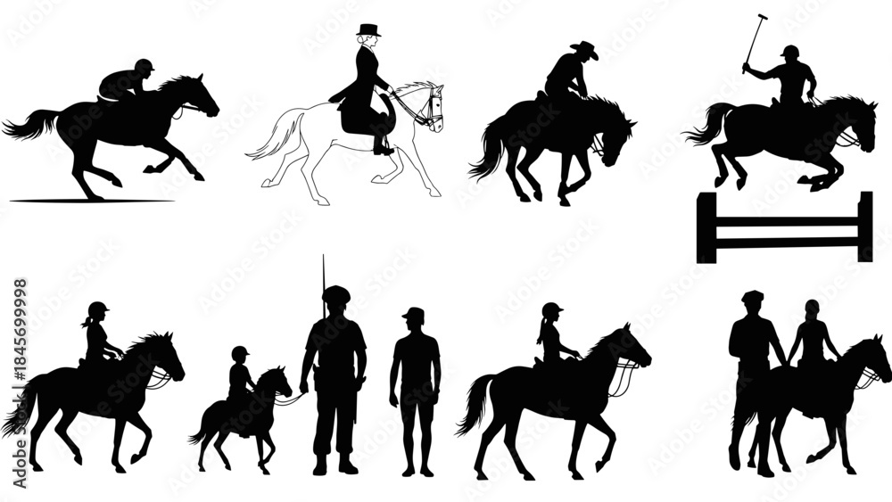 Fototapeta premium Equestrian sports and horse riding silhouettes collection riders, jockeys, jumping
