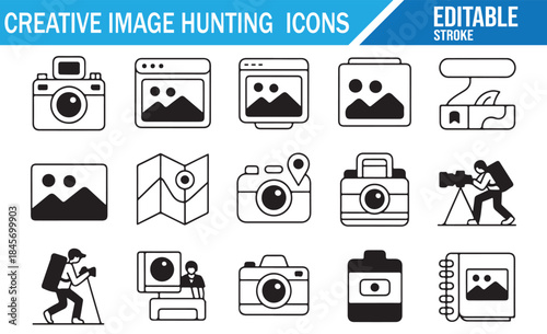 Photography and travel line icon set with editable strokes.