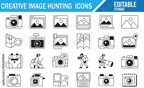 Creative image hunting line icons set with editable strokes. Vector illustrations including cameras, photos, maps, location pins, photographer character, albums, and landscape symbols.