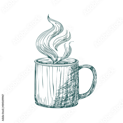 Minimal hand drawn line art illustration of a steaming coffee mug, symbolizing warmth, comfort, and cozy winter lifestyle. Clean vintage sketch style ideal for seasonal and cafe themes.
