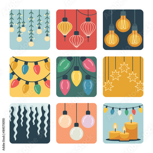 Festive hanging lights and lantern decoration icon set with bulbs garlands candles holiday glow flat vector illustration