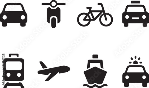  Transportation solid icon set. Car, scooter, bicycle, taxi, train, airplane, ship, police car. Black glyph pictograms for travel