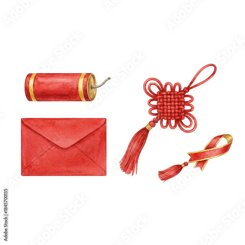 Red chinese new year elements including envelope and firecracker isolated on white background