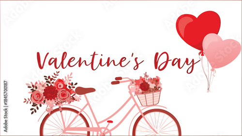 A flat pastel pink vintage bicycle with a basket of flowers and heart shaped balloons on a white background for valentine's day