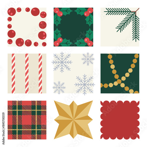 Holiday decorative square pattern collection with candy stripes snowflakes plaid stars garlands festive background flat vector design