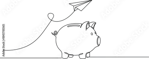 One-Line Piggy Bank with Flying Paper Plane in Minimalist Style.