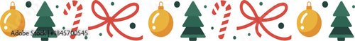Christmas holiday border with ornaments, trees, candy canes, red bows, festive decoration graphic illustration vector