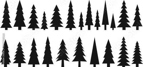 Pine tree silhouettes collection featuring various evergreen forest shapes isolated on white background for nature landscape vector illustration design set