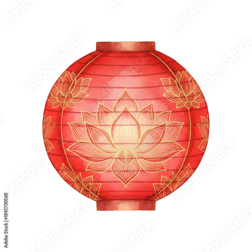 Red lantern with golden lotus flower design on white background