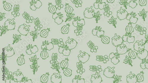 Seamless green vegetable line pattern looping on mint background.