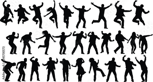 Jumping and dancing people silhouettes showing energetic party celebration joyful movement nightlife excitement isolated on white background vector illustration