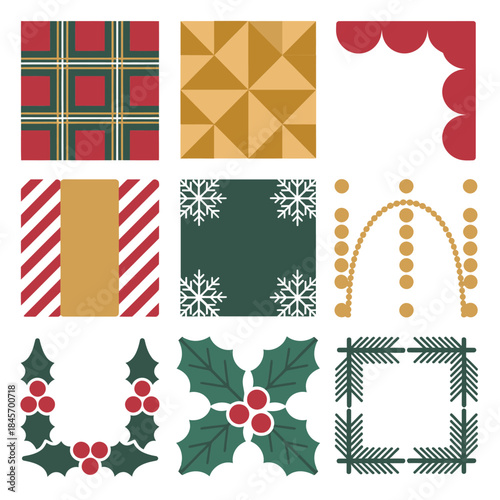 Festive Christmas pattern and decorative frame collection with plaid ribbon holly snowflake garland background flat vector design