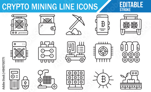 Crypto farm, cloud mining, and ASIC processor outline icons.