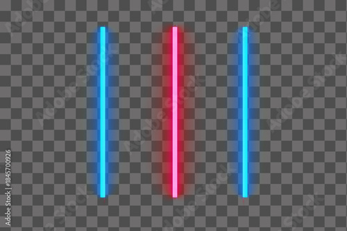 Set of three neon vertical bars blue and pink colors electric lamp tube light effect PNG