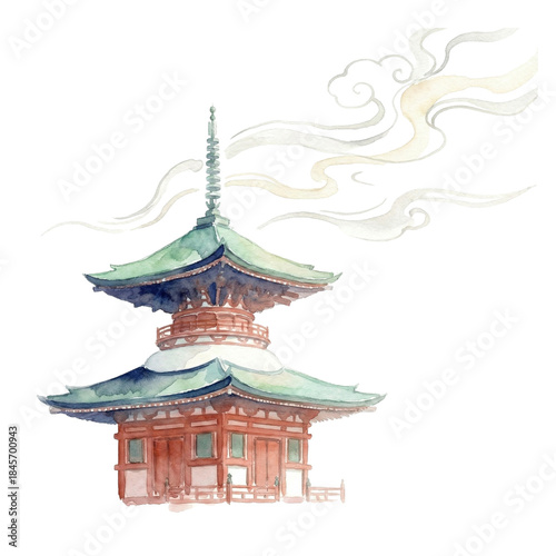 A serene watercolor painting of an asian pagoda with smoke rising from it isolated on white background