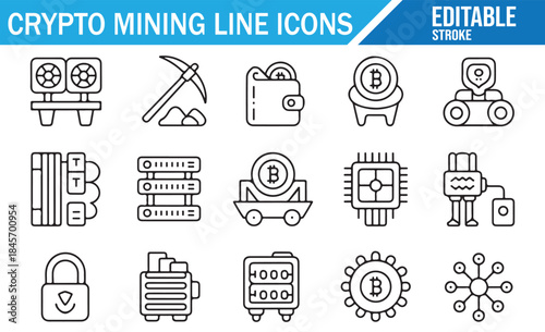 Editable stroke vector icons related to fintech and crypto mining.