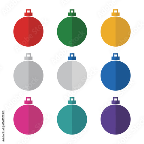 Modern Christmas ornament icon set with minimal round baubles in seasonal colors clean flat vector illustration collection