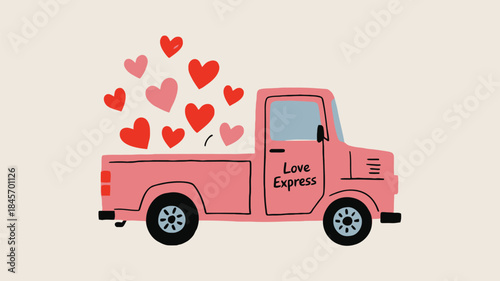 Minimalist flat pink truck with hearts love express valentine's day symbol
