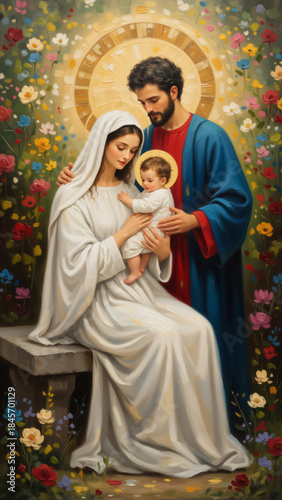 Vertical painting of the Holy Family featuring Virgin Mary, Saint Joseph and Baby Jesus. Religious art illustration with floral background and golden halo