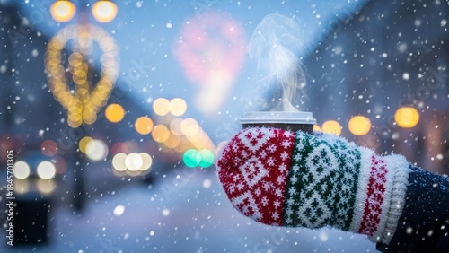 Cozy winter moment with steaming hot coffee on snowy city street