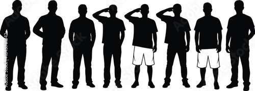 Young men silhouettes standing in casual poses including saluting gestures wearing t shirts and shorts isolated on white background vector illustration