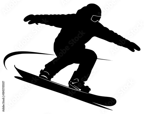 A silhouette of a snowboarder in mid-air, performing a trick, black, jump, man, profile, ride, skier, snowboard, snowboarder, trick, against transparent background