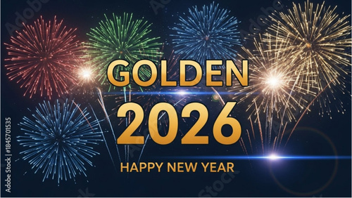 Vibrant Golden 2026 Happy New Year Celebration with Fireworks Illuminating the Night Sky
