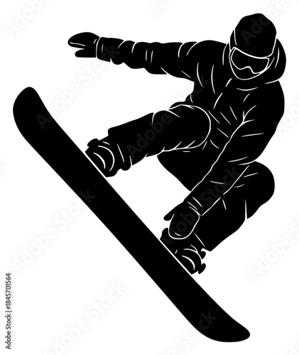 A snowboarder in mid-air, performing a trick on a snowboard, black, illustration, jump, man, profile, ride, snowboard, snowboarder, trick, against transparent background