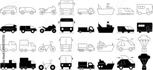 Transport Vehicle Icon Set Outline and Solid Transportation Symbols