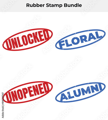 Assorted Grunge Rubber Stamps with Unlocked, Floral, Unopened, Alumni on White