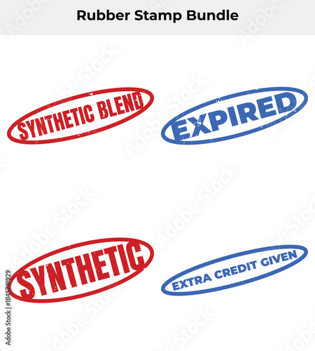 Assorted Rubber Stamps Set in Red and Blue with Distressed Detailing On White