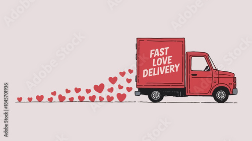 A red truck with fast love delivery written on the side is dropping hearts from its back