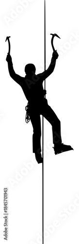 A silhouette of a climber on a pole with their arms raised in triumph, climb, climber, hammer, hang, hook, man, person, pole, profile, rock climber, rope, tool, against transparent background