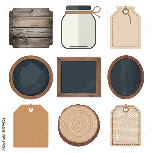 Vintage wood texture label and signage illustration pack with round boards frames tags rustic flat vector design collection