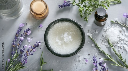 Natural beauty preparation with lavender and herbs for skin care on a calm surface.