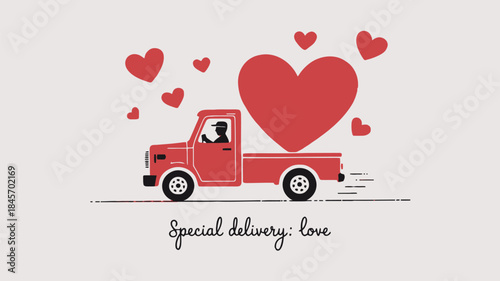 Minimalist red truck with heart delivery on white background for valentines day