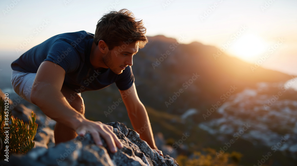 Naklejka premium Faceless young man climbing up mountain defocused natural landscape background anonymous person ascending self improvement and life goals concept personal achievement journey