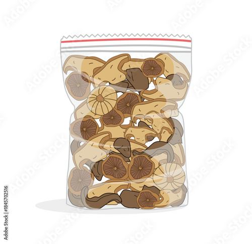 Dried Mushrooms in Transparent Plastic Packet Food Preservation Illustration
