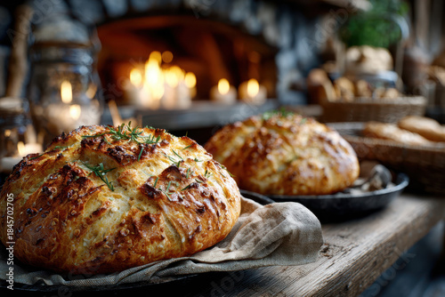 Freshly Baked Rosemary Bread by a Cozy Fireplace